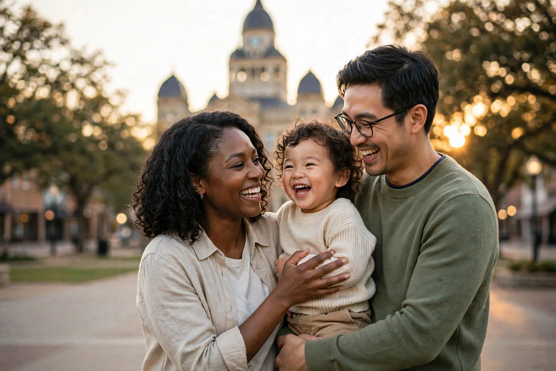 A happy family laughing together in warm golden-hour light — family care at Evolve Health in Denton, Texas