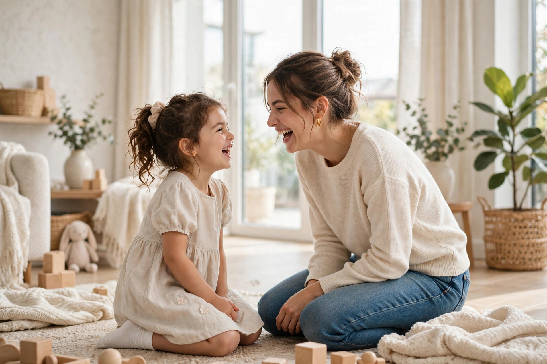 A mother laughing with her young daughter in a bright, sunlit home — family care for kids and parents at Evolve Health in Denton, Texas