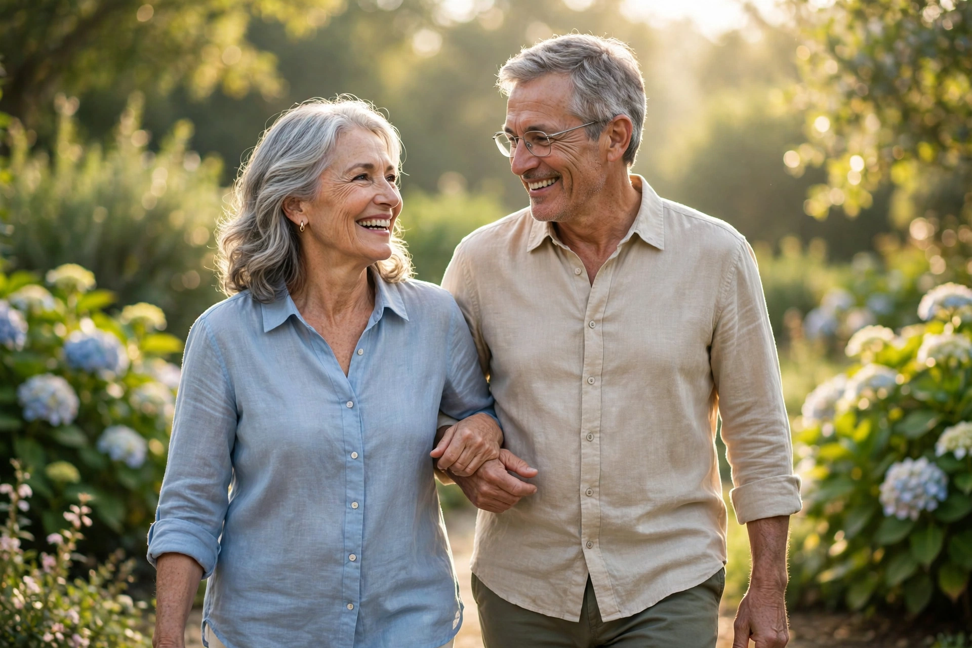 A smiling senior couple walking arm in arm through a sunlit garden — primary care for older adults at Evolve Health in Denton, Texas