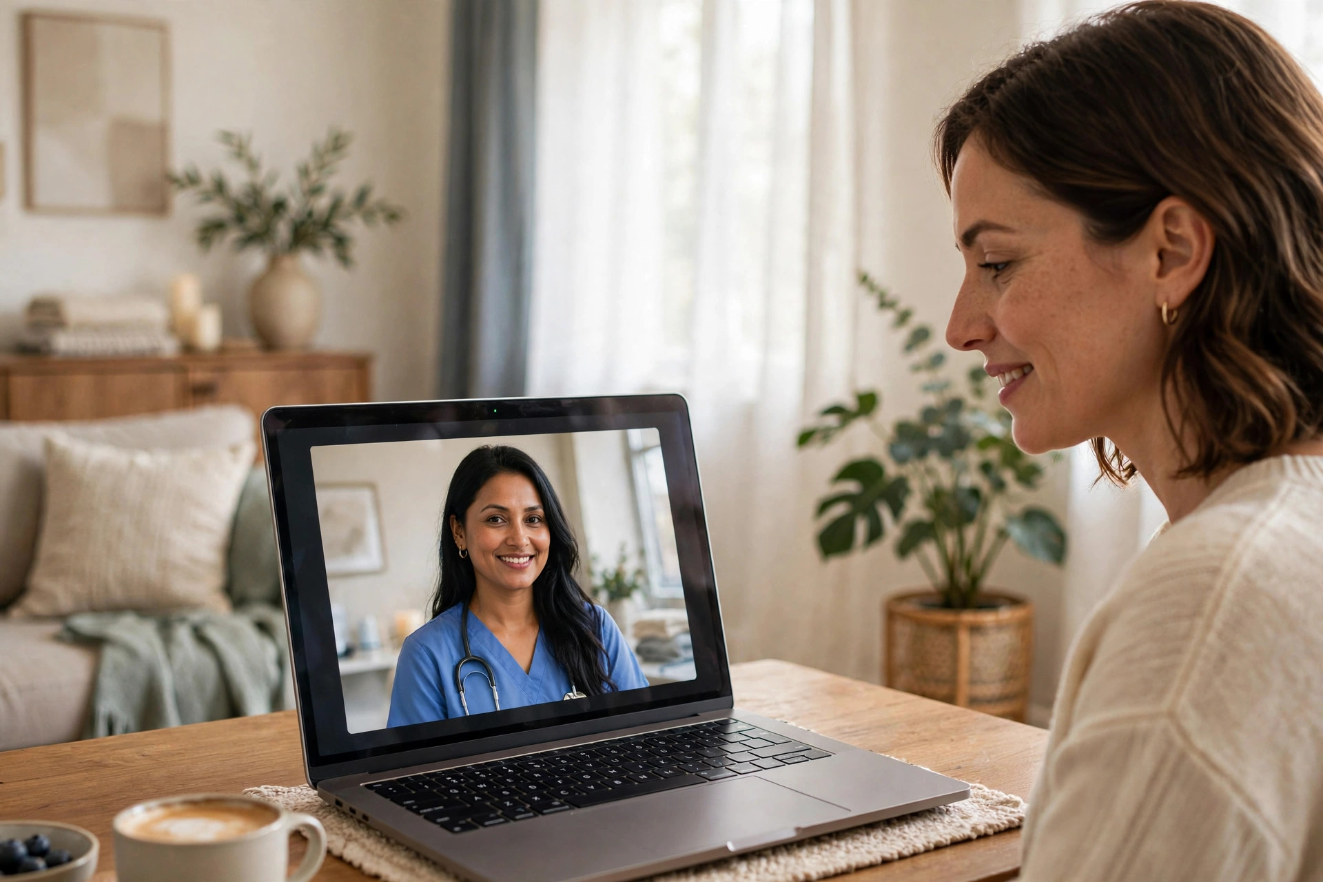 A woman at home on a telehealth video visit with a female Evolve Health doctor in blue scrubs on her laptop — virtual care anywhere in Texas
