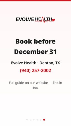 Slide 6: Book before December 31 — Evolve Health, Denton, TX, (940) 257-2002