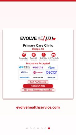 Slide 7: Evolve Health — primary care clinic in Denton, TX; services, insurance accepted, and contact information