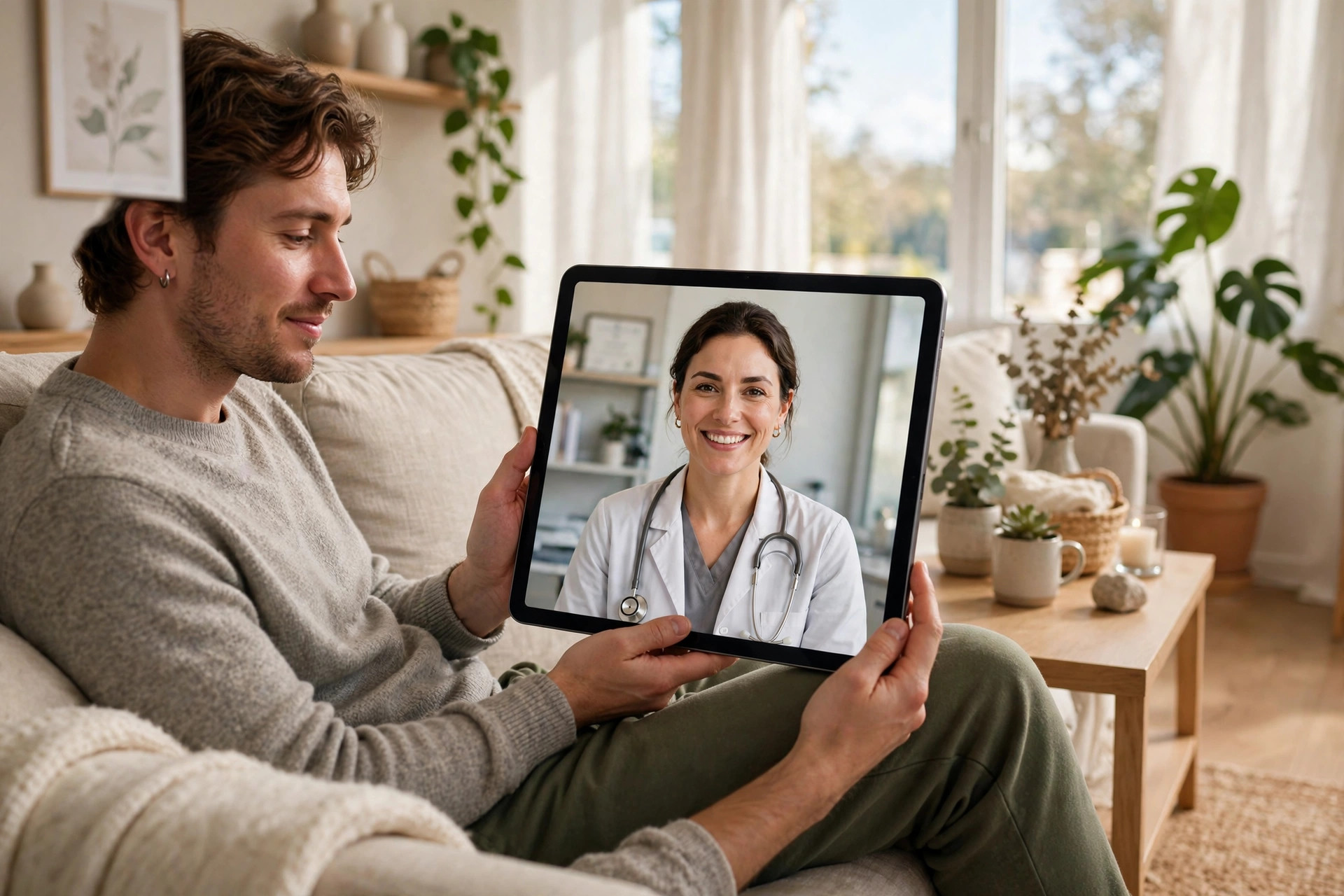 A patient having a relaxed telehealth video visit with an Evolve Health provider on a tablet from her living room