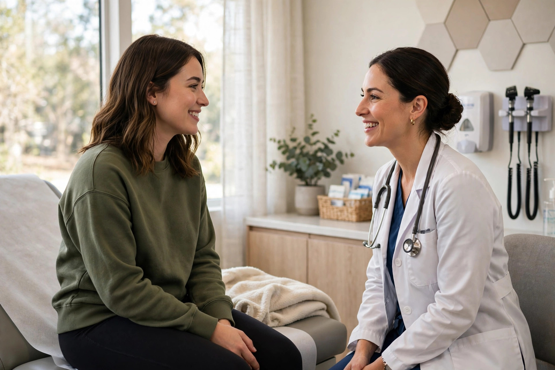 A woman talking comfortably with her female provider during a women's health visit