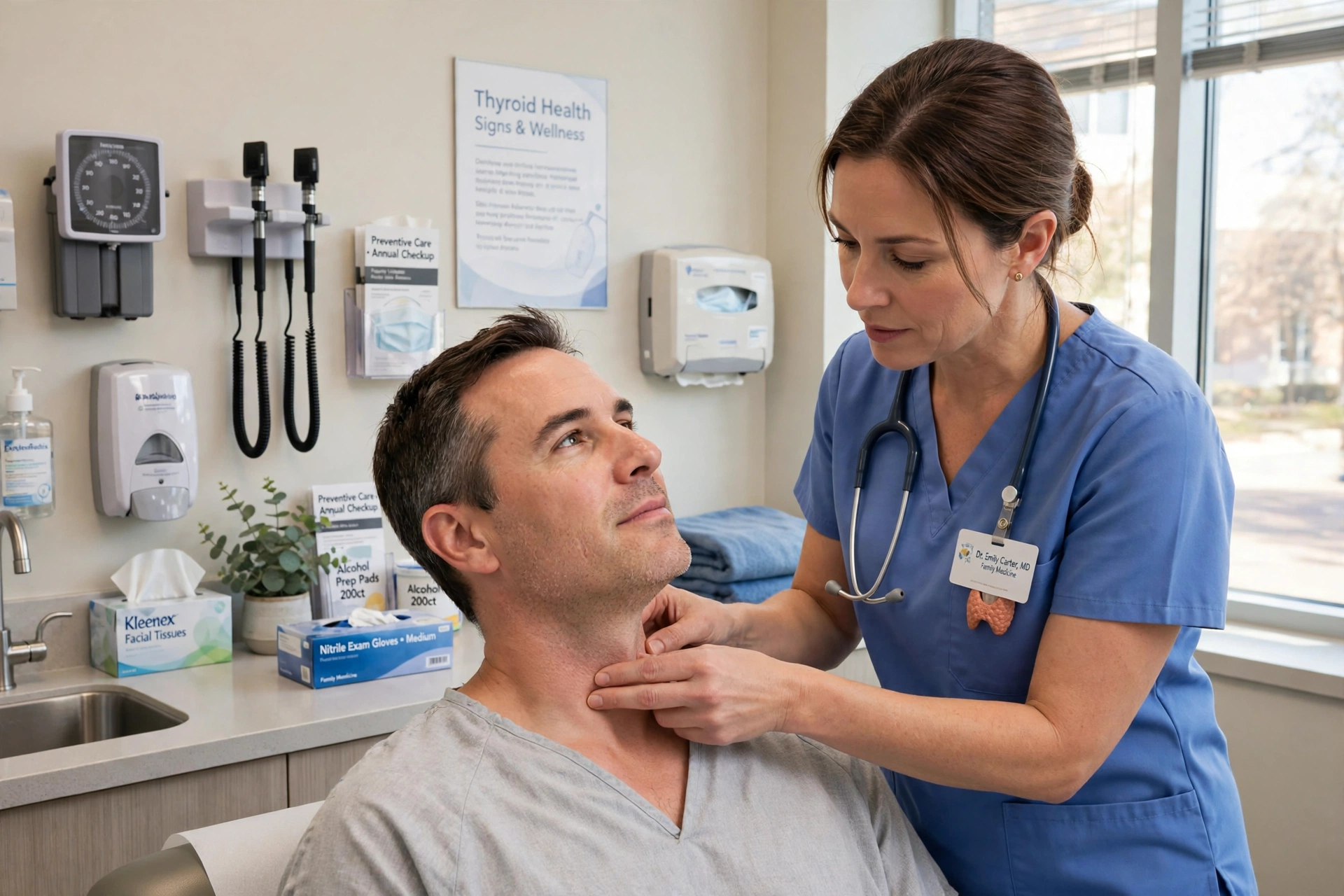 Doctor examining a patient's thyroid gland in the neck